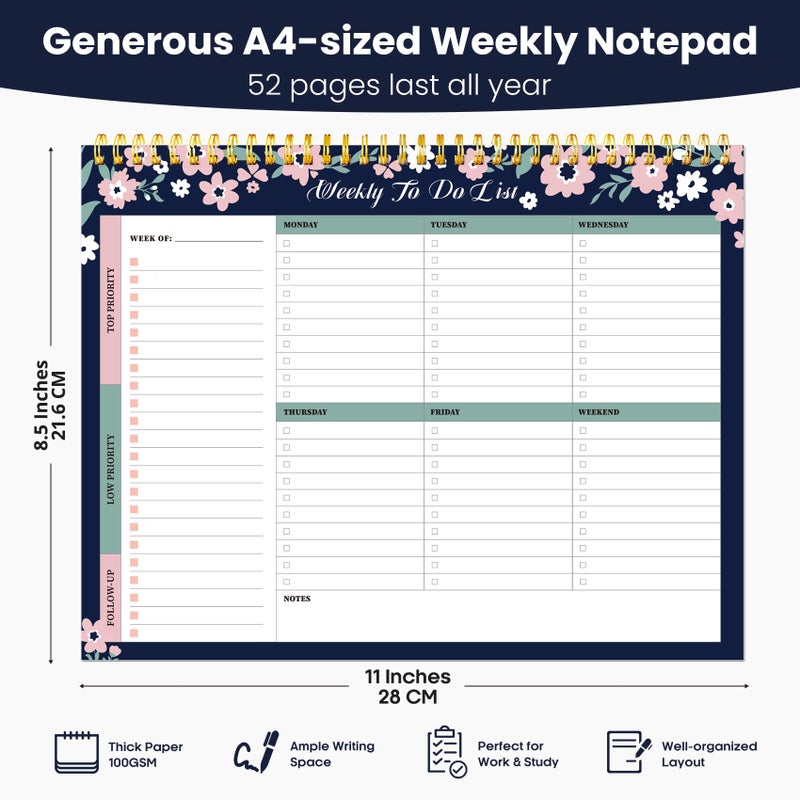 ZOTIA Weekly To Do List Notepad with 52 Undated Sheetsï¼ˆ8.5"Ã—11"ï¼‰- Undated Weekly Planner Notepad for Office Desk Accessories and Supplies - Navy Blossom - Image 3