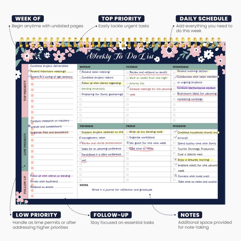 ZOTIA Weekly To Do List Notepad with 52 Undated Sheetsï¼ˆ8.5"Ã—11"ï¼‰- Undated Weekly Planner Notepad for Office Desk Accessories and Supplies - Navy Blossom - Image 2