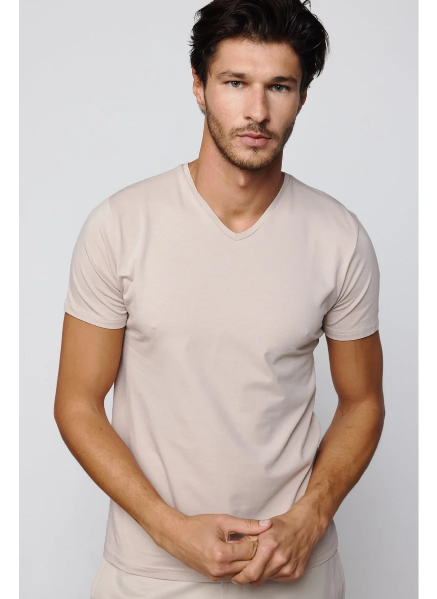 Tudors Slim Fit V-Neck Plain Basic Short Sleeve Stone Color T-Shirt