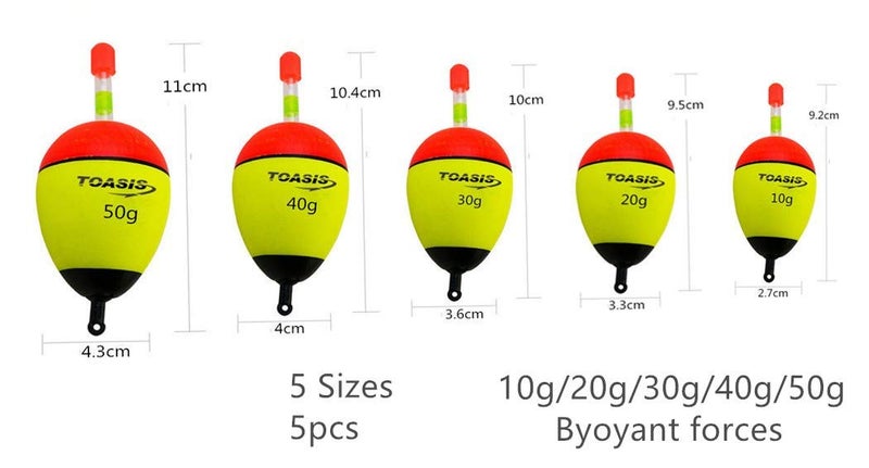 TOASIS Fishing Drift Floats 5pcs Soft EVA Foam Slip Bobbers Assorted Sizes with Glow Sticks and Snap Connectors - Image 3