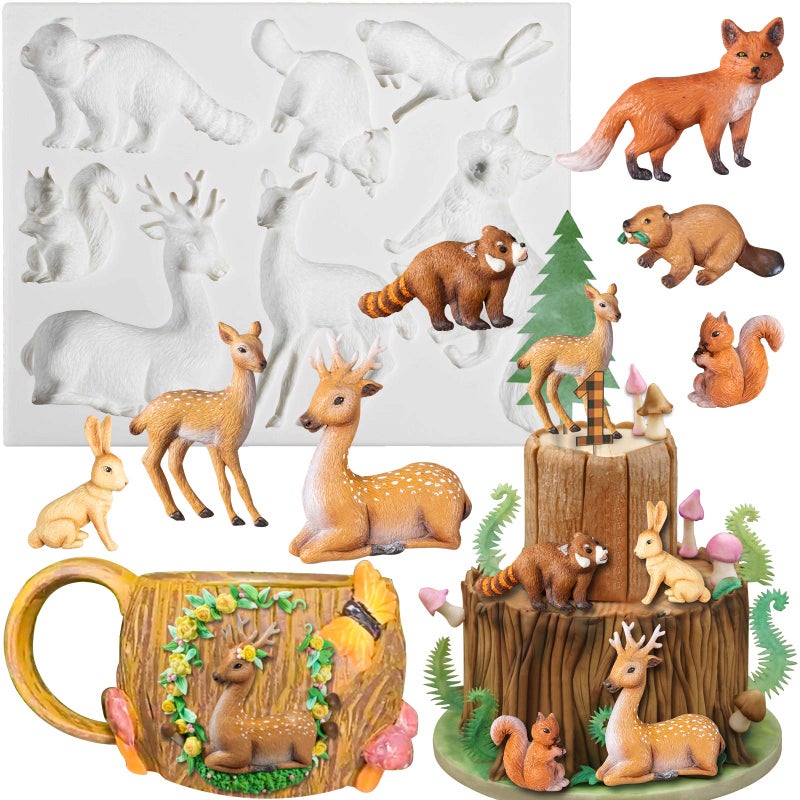 Woodland Animal Fondant Silicone Mold Fox Squirrel Rubbit Raccoon Beaver Elk Sika Deer for Sugarcraft Cake Decorating Cupcake Topper Chocolate Candy Polymer Clay 7Shape 133inch