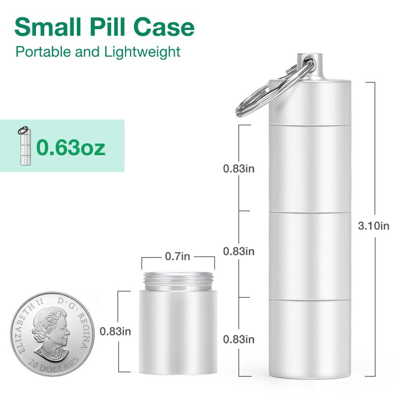 Opret Keychain Pill Holder, 3 Compartments Metal Small Pill Case, Waterproof Portable Travel Pill Box, Pill Container for Purse (Silver) - Image 2