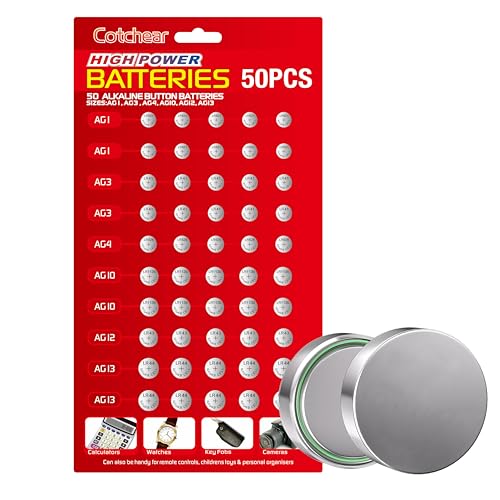 Cotchear 50pcs Alkaline Cell Batteries Assorted 1.5 Volt AG1/LR621 AG3/LR41 AG4/LR626 AG10/LR1130 AG12/LR43 AG13/LR44 Coin Batteries Set 0% Mercury - Image 1