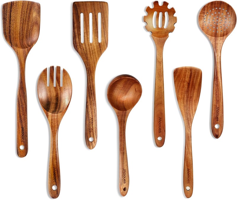 Mooues Wooden Spoons for Cooking, 7 Pcs Wooden Utensils for Cooking Natural Teak Wooden Kitchen Utensils Set - Image 1