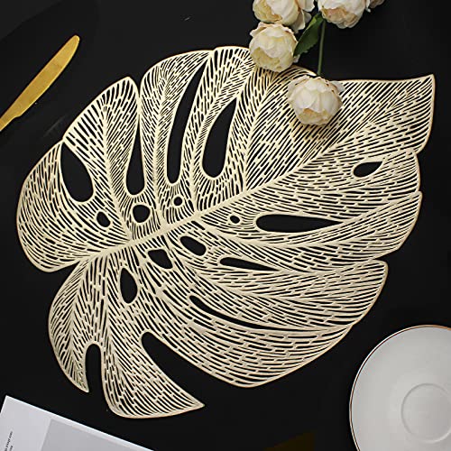 Mabbcoo Placemats Set of 6 HollowedOut Leaf Place Mats for Dining Table Pressed Vinyl Table Mats for Holiday Party Wedding Accent Centerpiece Dinner Decoration Garden Gold