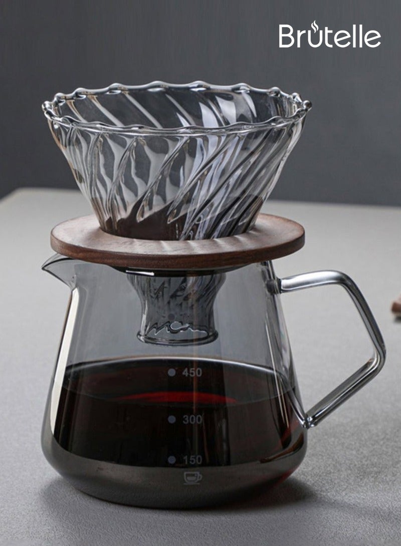بريتيل V60 صانع القهوة 600 مل، 2-4 أكواب، إبريق قهوة زجاجي مع فلتر V60، صينية خشبية أصلية للاستخدام في المنزل أو المكتب أو المقهى أو زاوية القهوة. - Image 1