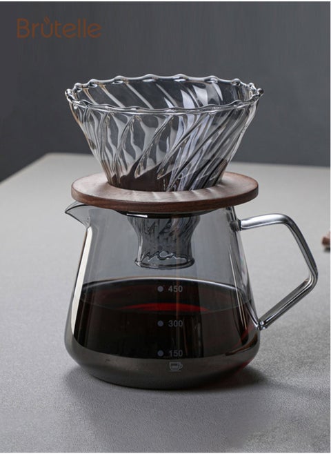 V60 صانع القهوة 600 مل، 2-4 أكواب، إبريق قهوة زجاجي مع فلتر V60، صينية خشبية أصلية للاستخدام في المنزل أو المكتب أو المقهى أو زاوية القهوة.