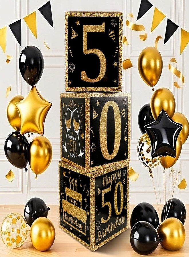 Funsky 50th Birthday Decorations for Men Women,3PCS Black and Gold Happy 50 Year Old Birthday Party Supplies Table Decorations,50th Birthday Balloons Boxes Decor - Image 1