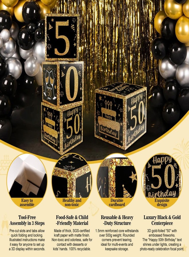 Funsky 50th Birthday Decorations for Men Women,3PCS Black and Gold Happy 50 Year Old Birthday Party Supplies Table Decorations,50th Birthday Balloons Boxes Decor - Image 3