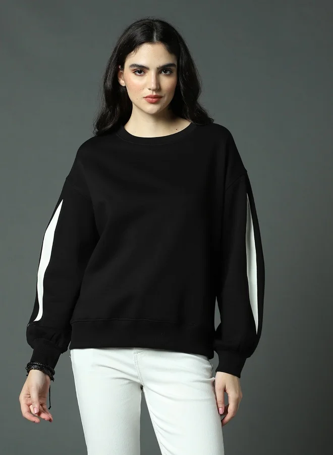 HIGH STAR Women's Black 100% Acrylic Oversized Sweatshirt