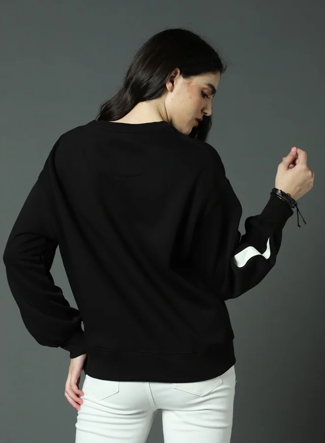 HIGH STAR Women's Black 100% Acrylic Oversized Sweatshirt