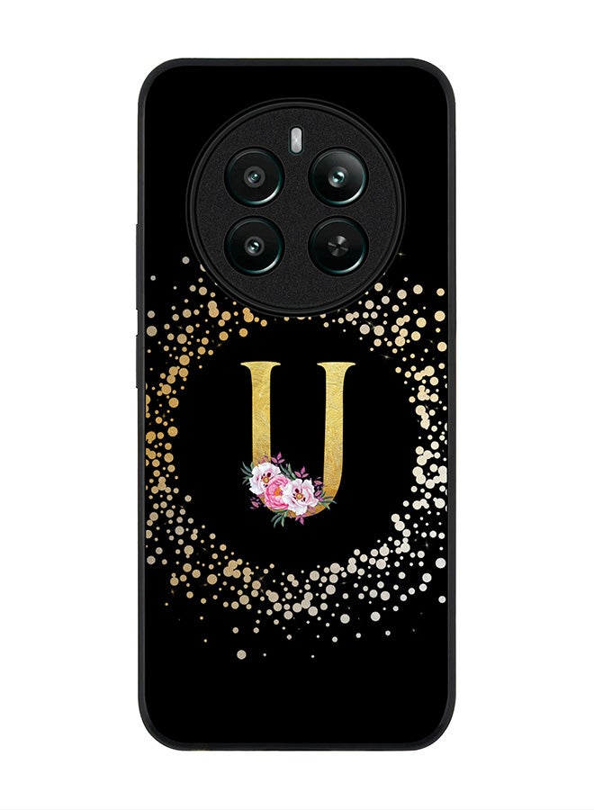 Stylizedd Rugged Black edge case for Realme 12 Plus 5G / Realme 12 4G Case Cover- Custom Monogram Initial Letter Floral Pattern Alphabet - U ( Black) - Image 1