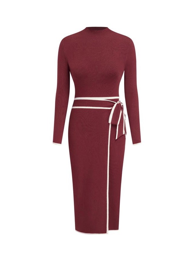 CIDER Sweater Dress for Women Long Sleeve Dress Mock Turtleneck Bow Tie Midi Work Dresses Old Money Dresses Fall Winter, Burgundy, S - Image 1