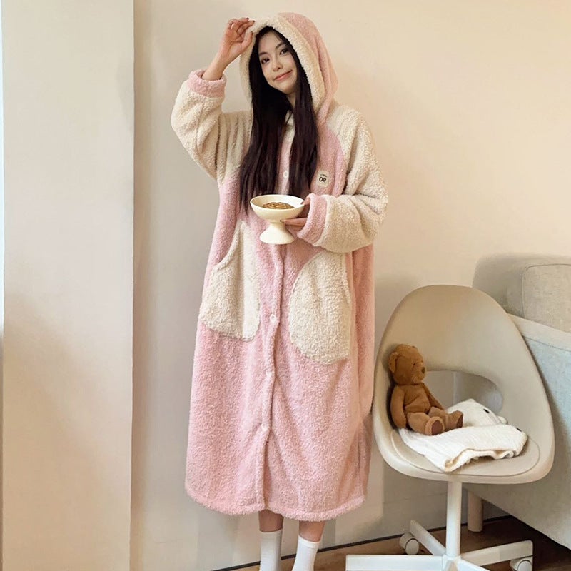 Luxurious Cashmere Hooded Robe Thick Flannel 7688 girl pink