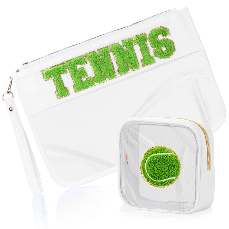 BuyCard 2 Pcs Tennis Gifts Cosmetic Makeup Bag with Chenille Letter Patch, Clear Pouch PVC Organizer Purse, Waterproof Travel Bag, Portable Toiletry Storage Bag for Her Girls Friends Women - Image 1