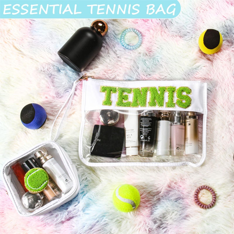 BuyCard 2 Pcs Tennis Gifts Cosmetic Makeup Bag with Chenille Letter Patch, Clear Pouch PVC Organizer Purse, Waterproof Travel Bag, Portable Toiletry Storage Bag for Her Girls Friends Women - Image 4