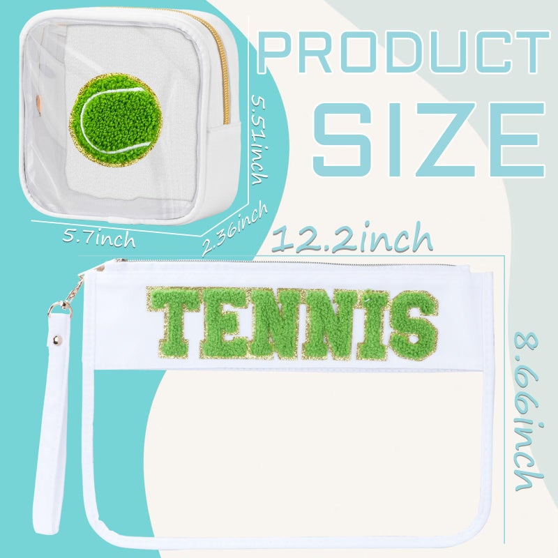 BuyCard 2 Pcs Tennis Gifts Cosmetic Makeup Bag with Chenille Letter Patch, Clear Pouch PVC Organizer Purse, Waterproof Travel Bag, Portable Toiletry Storage Bag for Her Girls Friends Women - Image 2