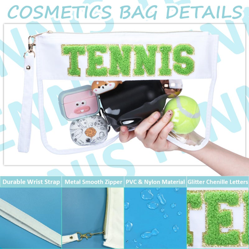BuyCard 2 Pcs Tennis Gifts Cosmetic Makeup Bag with Chenille Letter Patch, Clear Pouch PVC Organizer Purse, Waterproof Travel Bag, Portable Toiletry Storage Bag for Her Girls Friends Women - Image 3