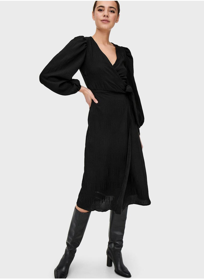 ONLY - Tie Detail Balloon Sleeve Wrap Dress - Image 1