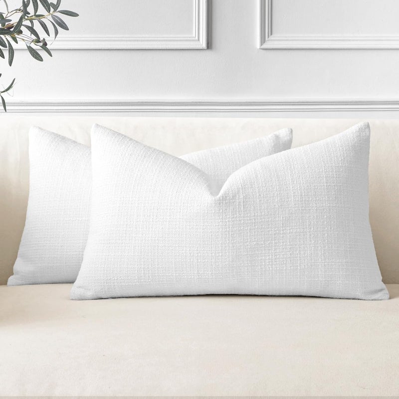 Otostar Pack of 2 Throw Pillow Covers 12x20 Inch Linen White Pillowcases Farmhouse Decorative Solid Pillow Covers 30x50 cm Lumbar Cushion Case for Home Decor Sofa Couch Bed (White) - Image 1