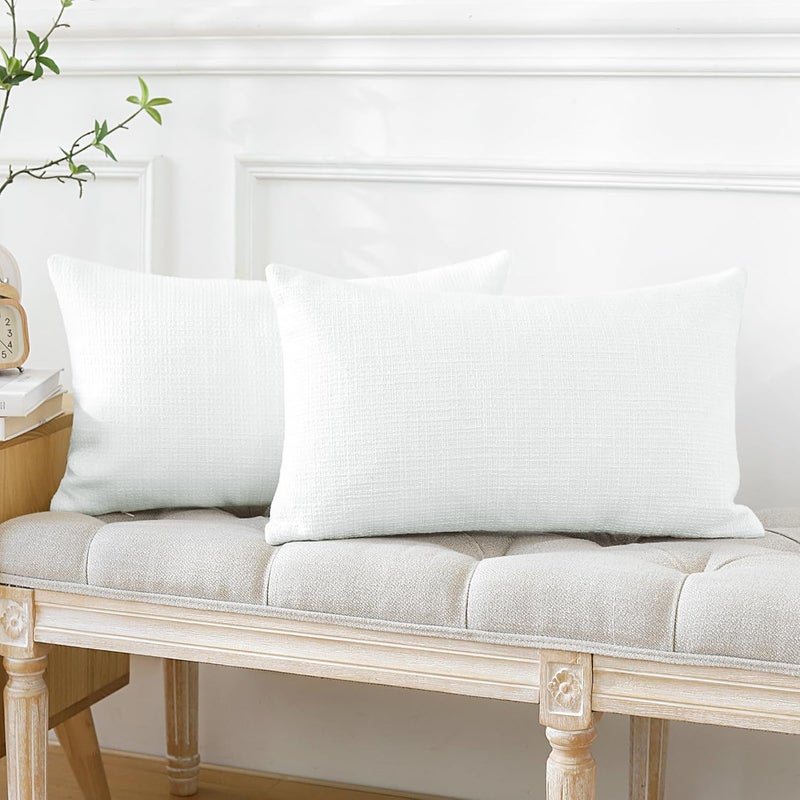 Otostar Pack of 2 Throw Pillow Covers 12x20 Inch Linen White Pillowcases Farmhouse Decorative Solid Pillow Covers 30x50 cm Lumbar Cushion Case for Home Decor Sofa Couch Bed (White) - Image 3