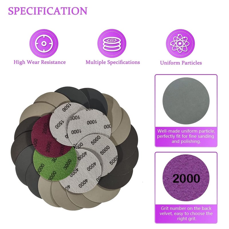 DreamAug 24-Pack 3-Inch Sanding Discs â€“ Round 75mm Hook & Loop Sandpaper Pads, Wet & Dry Sanding Discs for Wood, Metal, Automotive, 1000/1500/2000/3000/4000/5000 Grit Assortment - Image 2