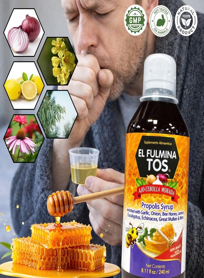 Fulminatos EL FULMINA TOS بروبوليو + آجو + سيبولا + ميل + ليمون + أوكاليبتو + إكوينسيا + جوردولوبو ومينتا (شراب البروبوليس مع الثوم والبصل 8.11 أونصة سائلة مكمل غذائي شراب السعال فولمينا توس) - Image 5