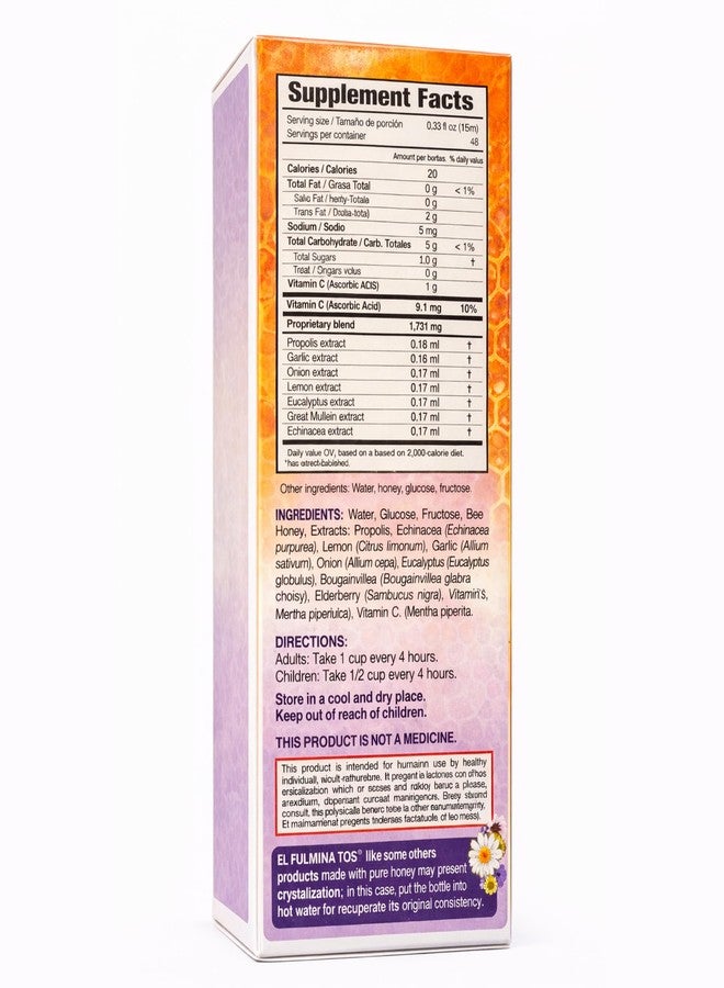 Fulminatos EL FULMINA TOS بروبوليو + آجو + سيبولا + ميل + ليمون + أوكاليبتو + إكوينسيا + جوردولوبو ومينتا (شراب البروبوليس مع الثوم والبصل 8.11 أونصة سائلة مكمل غذائي شراب السعال فولمينا توس) - Image 4