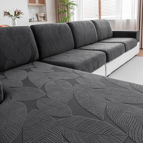 QIANMEW Couch Covers for Sectional Sofa, Washable Stretch Soft Sofa Cushion Covers L Shape Sofa Slipcovers Anti Slip Furniture Decor Protector for Pets (3 Seaters Covers+1 Chaise Cover,Dark Gray) - Image 1