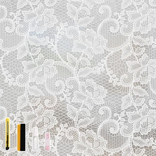 NINETREX Frosted Window Privacy Film, White Lace Stained Glass Window Film, Static Cling Removable Privacy Decal, Sun Blocking Decorative Tint with Effect for Home, Doors and Office, 17.5 x 78.7 inch - Image 1