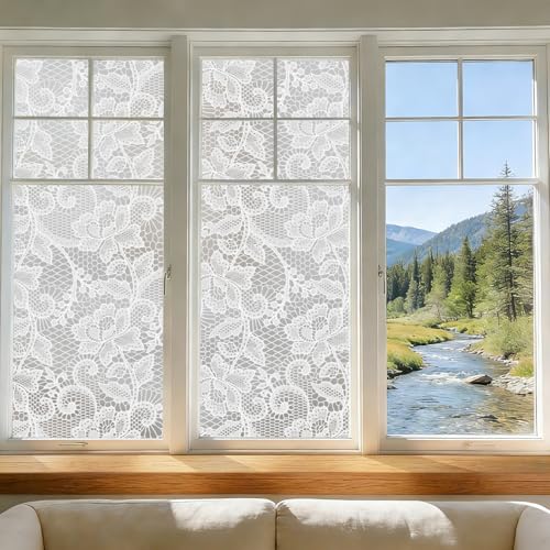 NINETREX Frosted Window Privacy Film, White Lace Stained Glass Window Film, Static Cling Removable Privacy Decal, Sun Blocking Decorative Tint with Effect for Home, Doors and Office, 17.5 x 78.7 inch - Image 2