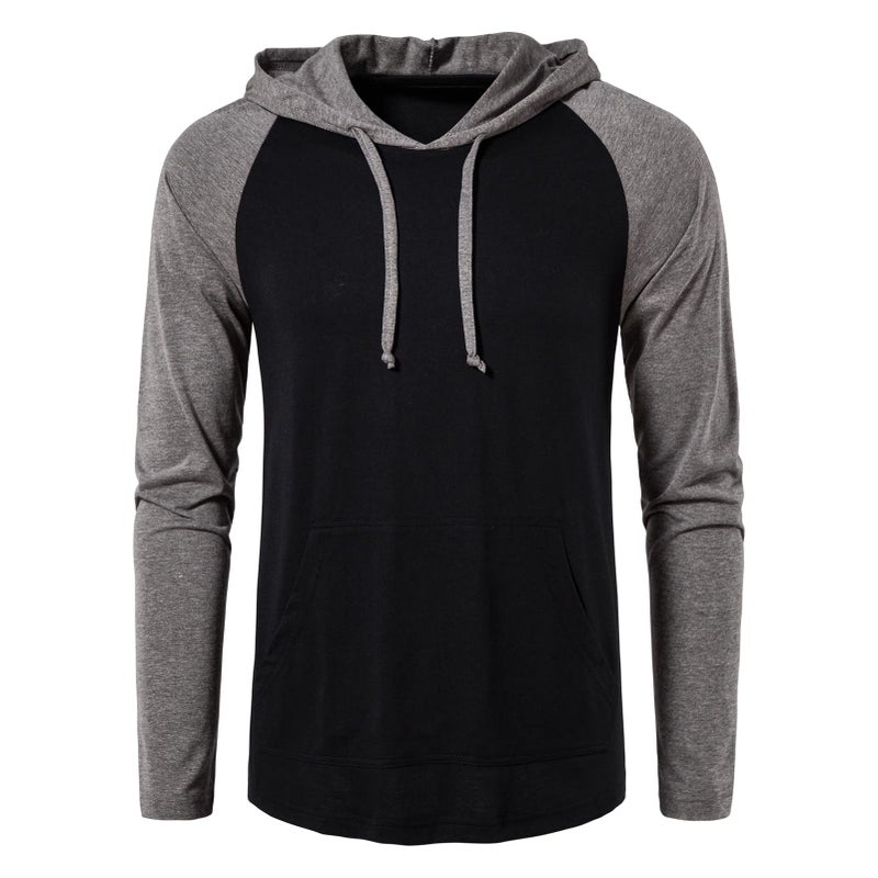 SIR7 Men's Gym Workout Active Long Sleeve Pullover Lightweight Hoodie Casual Hooded Sweatshirts Black&Grey Large - Image 2