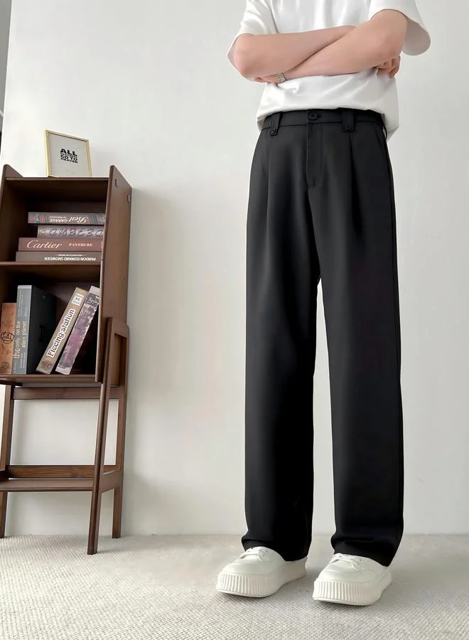 Take Two Men Black Linen-Look Pleated Wide-Leg Trousers