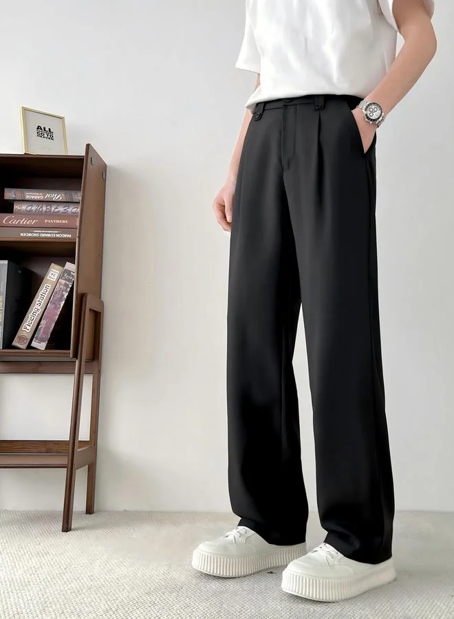 Take Two Men Black Linen-Look Pleated Wide-Leg Trousers