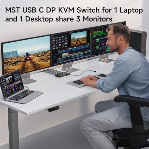 AOOCOO USB C DP KVM Switch 2 Computers 3 Monitors,4K/1080P@60Hz MST KVM Switch for 1 PC&1 Laptop Share 3 Monitor with 4 USB3.0 Devices,PD for Laptop, USB Cables and Power Adapter(4K USB C DP 2 in 3 Out KVM) - Image 3