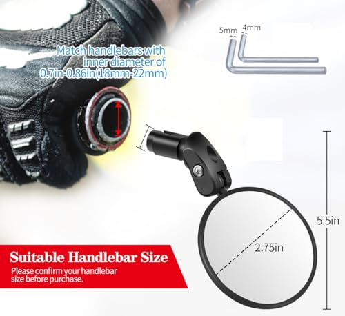 Ruby Q Handlebar Bike Mirrors, 1pcs HD Bicycle Rearview Mirror, Adjustable Handlebar Mounted Convex Mirror with Allen Wrench, for Mountain Road Bikes - Image 2