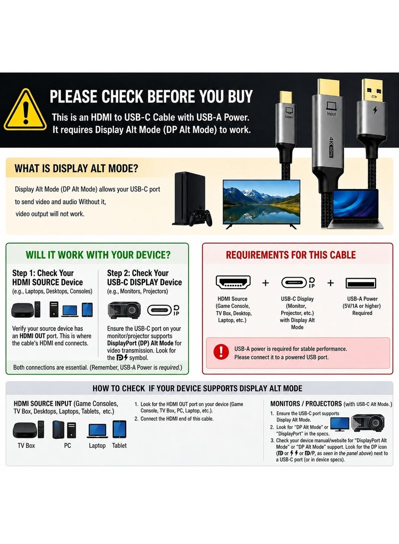 CABLETIME Active HDMI to USB-C Cable 2m with USB-A Power, HDMI Source to USB-C Display, One-Way 4K 60Hz Adapter for XREAL Air 2, Rokid Max, RayNeo, PS5, Xbox, Switch Dock & Portable Monitors - Image 2