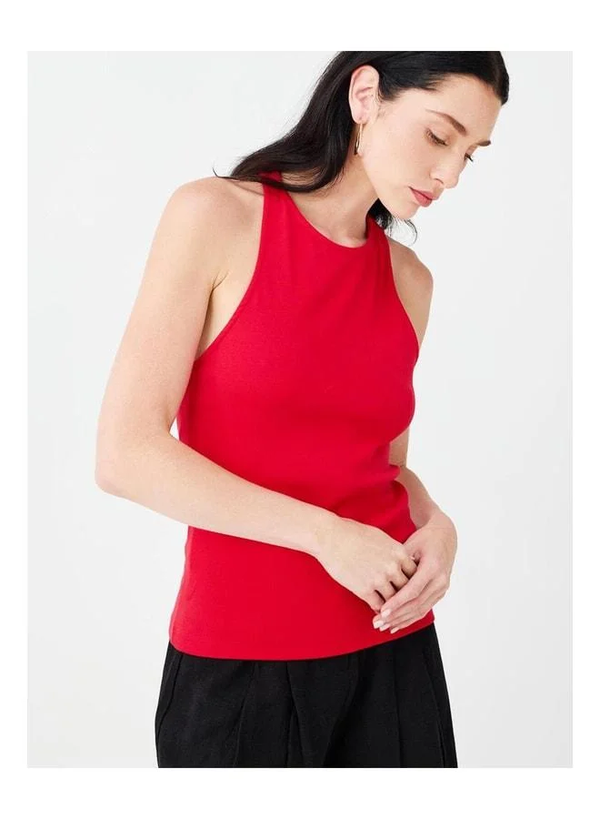 Jimmy Key Red Tank Top with Detailed Accessories and Back Cutout.