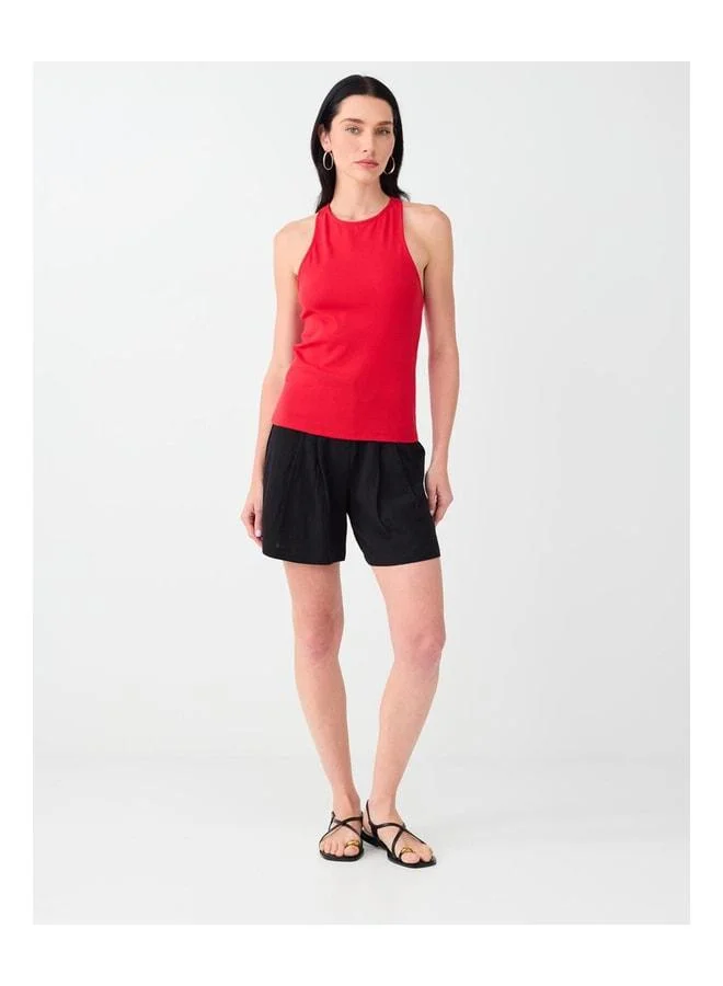 Jimmy Key Red Tank Top with Detailed Accessories and Back Cutout.
