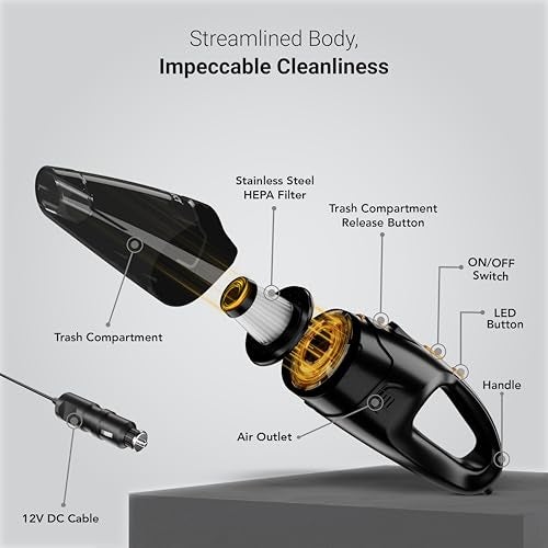 Dylect Car Vacuum Cleaner: 100W & 4500Pa Strong Suction, Washable Hepa Steel Filter, Copper Motor, Compact Lightweight for Dry Use, 14.7Ft Long Cable, 0.5 L, 500 Ml, 1 Count - Image 5