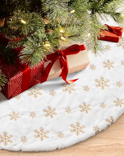 COOLWUFAN 48 Inches Faux Fur Christmas Tree Skirt for Xmas Tree Holiday Party Decoration White Plush Gold Sequin Snowflake Gold - Image 1