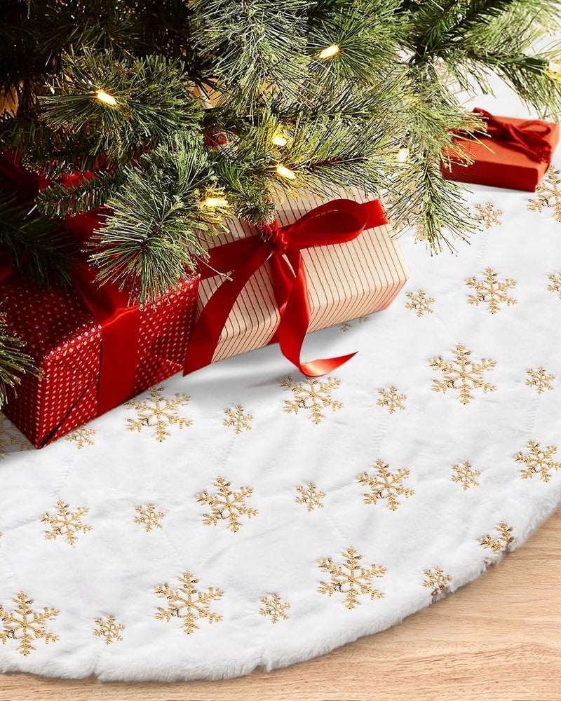 COOLWUFAN 48 Inches Faux Fur Christmas Tree Skirt for Xmas Tree Holiday Party Decoration White Plush Gold Sequin Snowflake Gold - Image 2