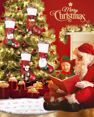 COOLWUFAN 48 Inches Faux Fur Christmas Tree Skirt for Xmas Tree Holiday Party Decoration White Plush Gold Sequin Snowflake Gold - Image 3