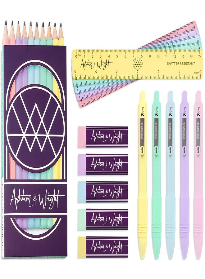 Ashton and Wright - Classic HB Pencils, 15cm Rulers, Erasers, Z-Grip Smooth - Pastel Set of 25 - Image 1