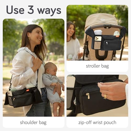 Baby Uma Universal Stroller Organizer Bag - Stroller Caddy Organizer with XL Insulated Cup Holder (x2), Phone Holder, Wipes Dispenser, Zip-Off Wrist Bag & Clip-On Shoulder Strap, Baby Travel Gear - Image 4