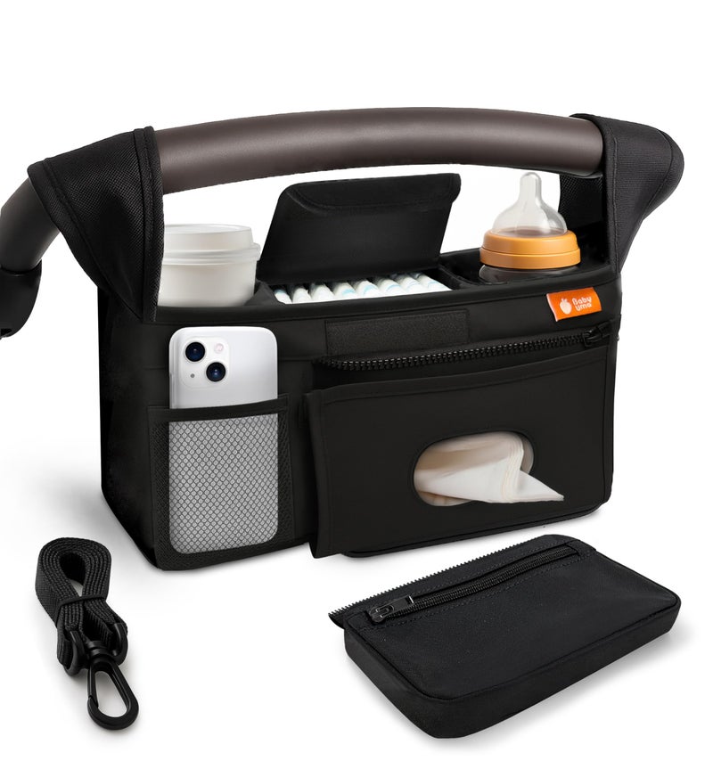 Baby Uma Universal Stroller Organizer Bag - Stroller Caddy Organizer with XL Insulated Cup Holder (x2), Phone Holder, Wipes Dispenser, Zip-Off Wrist Bag & Clip-On Shoulder Strap, Baby Travel Gear - Image 1