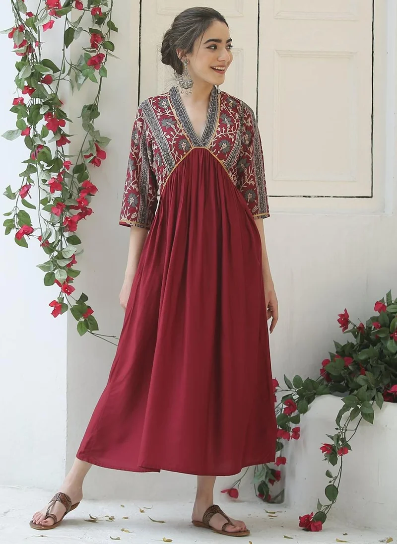 ZERESOUQ Maroon V Neck Gathered Dress