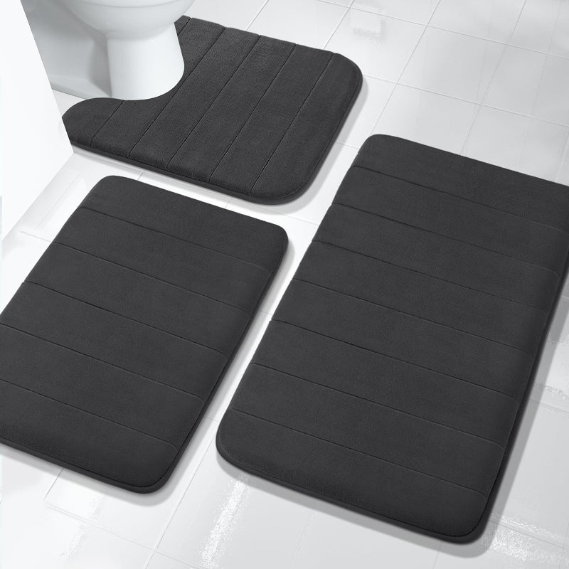 Yimobra Memory Foam Bath Mat Set  Bathroom Rugs for 3 Pieces  Toilet Mats  Soft Comfortable  Water Absorption  Non-Slip  Thick  Machine Washable  Easier to Dry for Floor Mats  Black