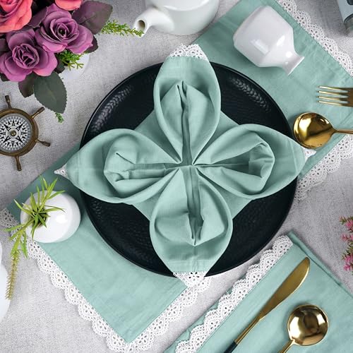 FINGERCRAFT Cloth Napkins Fabric 20x20 inches Washable and Reusable | Pack of 6 for Everyday, Use Pre Shrunk and Good Absorbency Dinner Table Napkins with White Premium Lace (Aqua, Set of 6) - Image 3