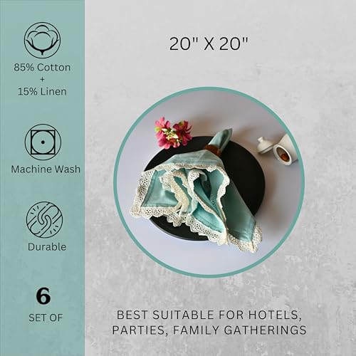 FINGERCRAFT Cloth Napkins Fabric 20x20 inches Washable and Reusable | Pack of 6 for Everyday, Use Pre Shrunk and Good Absorbency Dinner Table Napkins with White Premium Lace (Aqua, Set of 6) - Image 5
